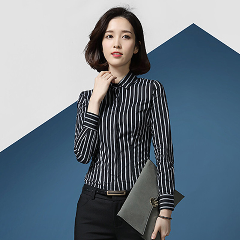 Black and white thick vertical striped shirt women's long-sleeved simple elastic cotton Korean version 2022 spring new slim professional shirt