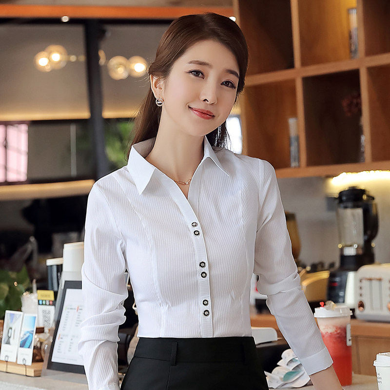V-neck shirt women's long-sleeved career 2021 spring new slim-fit work clothes high elastic cotton OL temperament shirt inch
