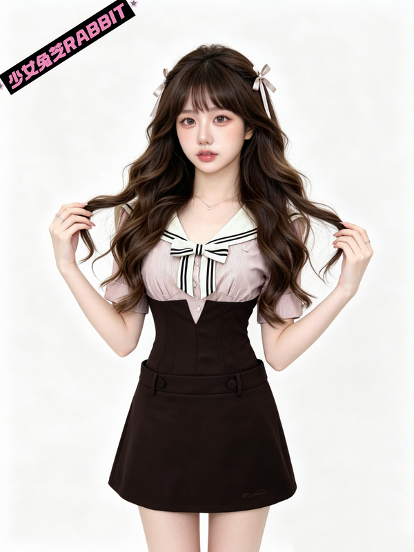 Nautical Sweetheart Sailor Collar Pink Striped Bow Top High Waist Fishbone Bodycon Skirt Set