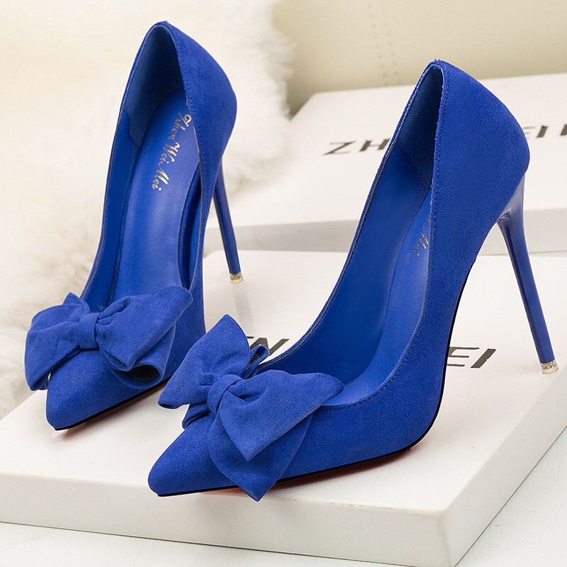 Suede-Like Blue Large Bow Shallow Mouth Ladylike High Heels Versatile for Commuting Ol Sexy Elegant Stiletto Women's Shoes Suede-Like Blue Large Bow Shallow Mouth Ladylike High Heels Versatile for Commuting Ol Sexy Elegant Stiletto Women's Shoes