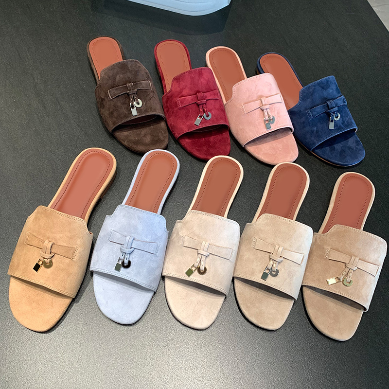 2025 Summer New Style Lp Slippers for Women with Tassel Buckle, Flat Sandals for Outdoor Wear, Open-Toe Lazy Slippers