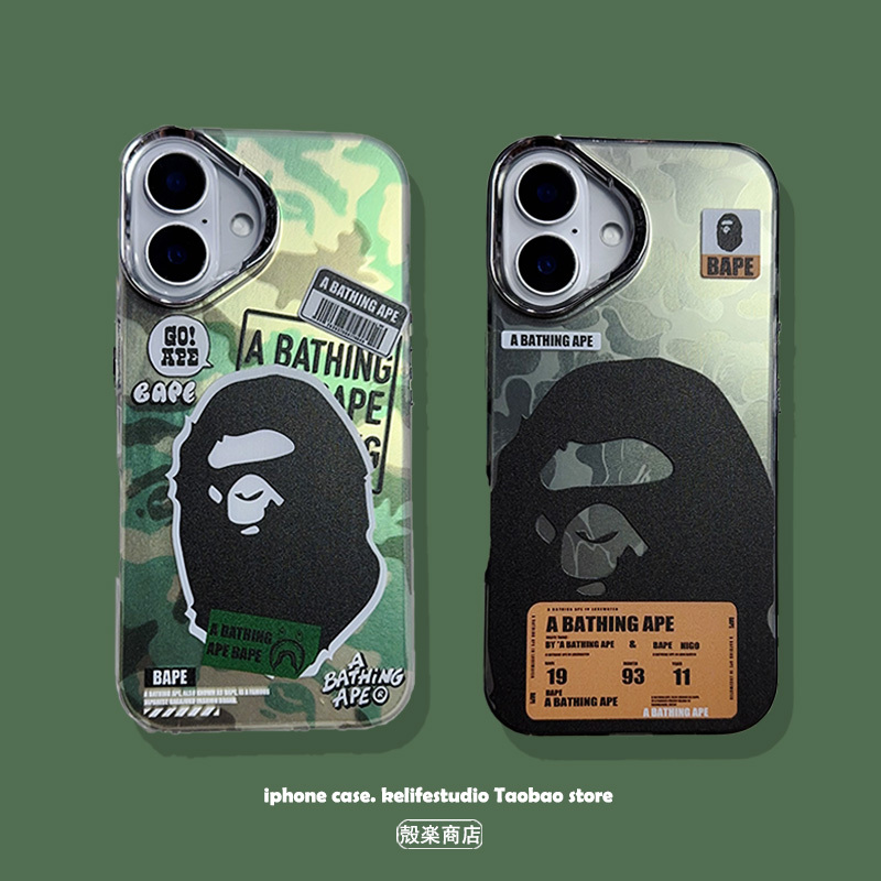 Bape Ape Head Label Trendy Men's Street Style 17Pro Protective Case 16Pro Max Trendy Brand 15 Suitable for Iphone17Pro Max Apple 13 Phone Case