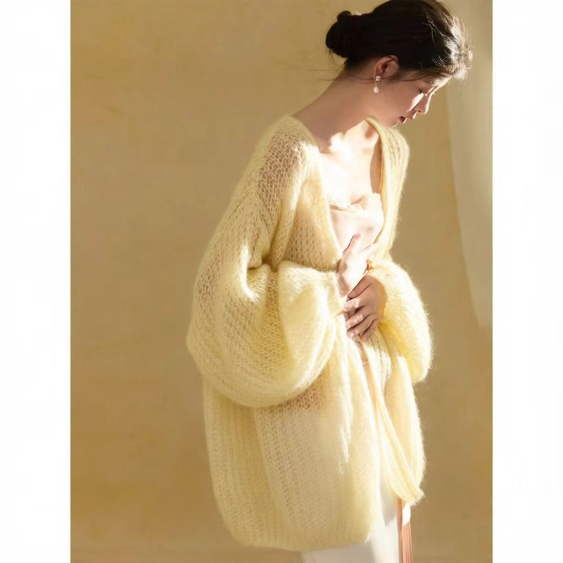 Light Yellow Lazy Style Hollow-Out Knit Cardigan for Women, New Spring Model with Lantern Sleeves, Loose Fit, Slimming Sweater, Thin Jacket