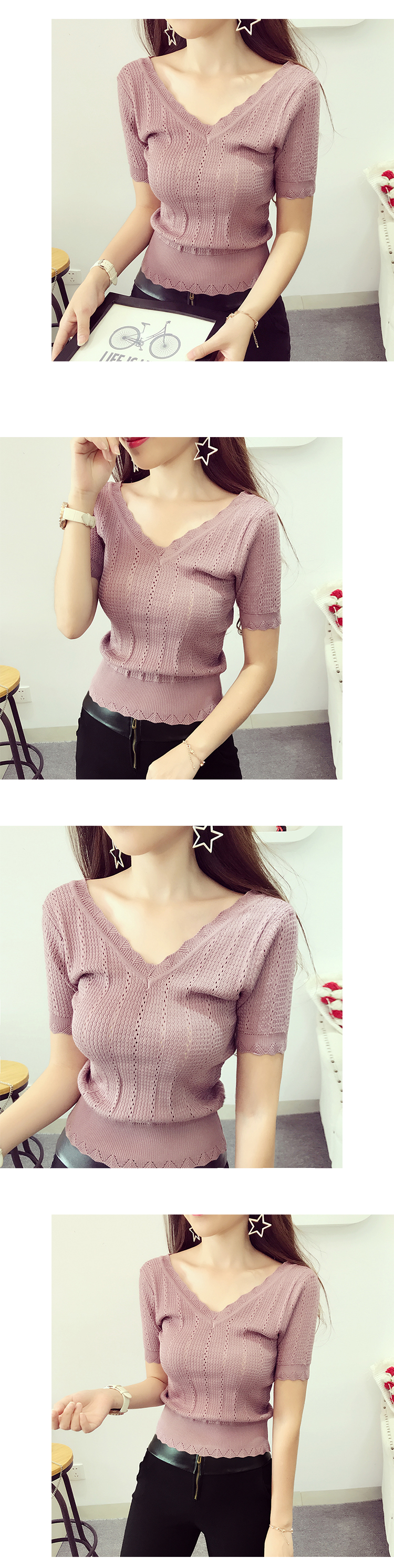 Áo len cổ lọ gió retro cổ chữ V của phụ nữ áo len ngắn tay ngắn bên ngoài Mặc mỏng bên ngoài áo sơ mi mỏng áo nữ