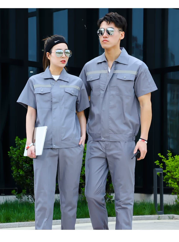 Bộ quần áo yếm ngắn tay mùa hè phù hợp với nhà máy của nam giới phần mỏng dài tay công cụ kỹ thuật bảo hiểm lao động quần áo phản quang dải chống nắng tùy chỉnh - Bộ đồ
