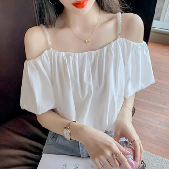 White chiffon short-sleeved shirt women's summer 2023 new fashion foreign style short one-word collar strapless top