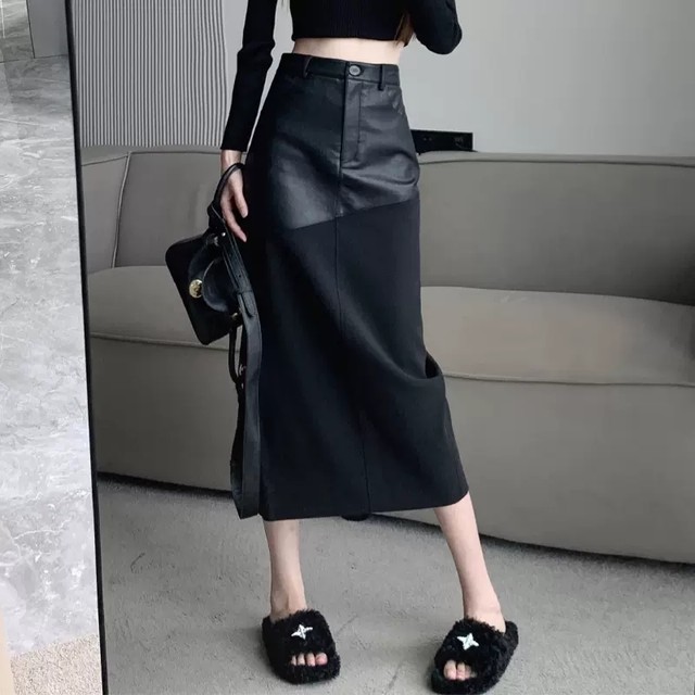 High-quality pu leather stitching woolen skirt women's autumn and winter models high waist slimming mid-length straight tube hip-packing one-step skirt