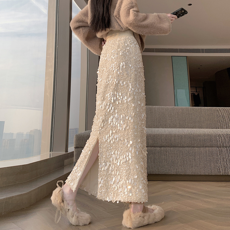 Sequin Velvet Skirt for Women, Autumn and Winter 2026, High-Waisted, Slimming, Casual, Drapey, A-Line, Slit, Bodycon Long Skirt
