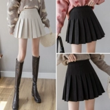 Черный шерстяной осенний модный свитер, приталенная юбка в складку, А-силуэт, высокая талия