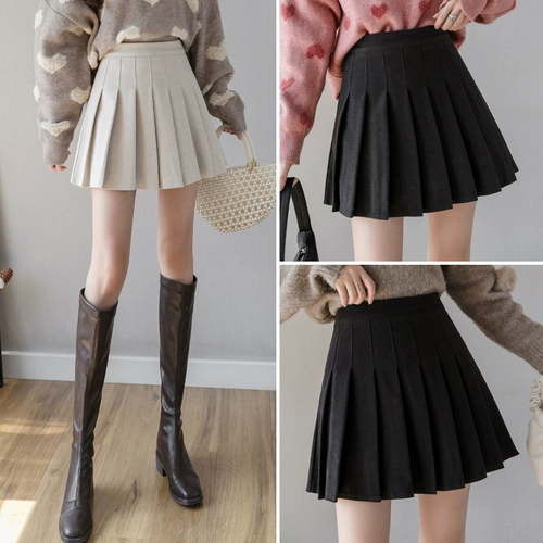 Черный шерстяной осенний модный свитер, приталенная юбка в складку, А-силуэт, высокая талия