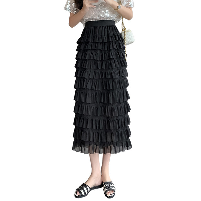 Black skirt women's summer 2023 new high waist slim fluffy cake skirt mid-length ruffled chiffon skirt