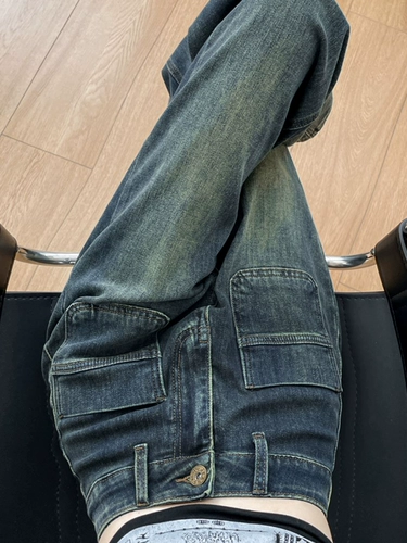 Демисезонные темно-синие дизайнерские джинсы, штаны, высокая талия, облегающий крой, свободный прямой крой