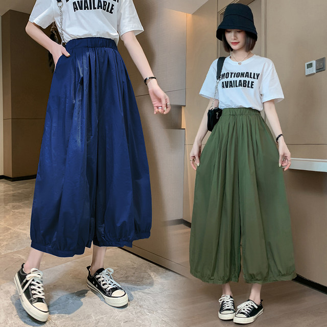 Khaki eight-point wide-leg pants women's spring, autumn and summer elastic waist hakama cropped pants bloomers casual women's hakama pants