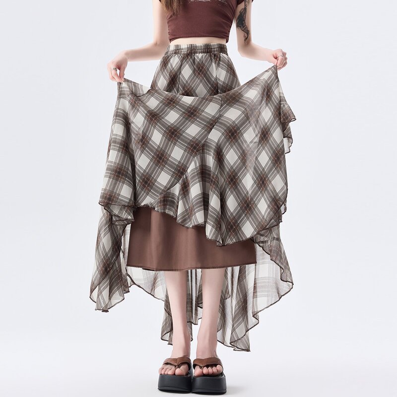 Irregular Mesh Plaid Skirt for Women, New Summer Style, Casual High-Waisted, Slimming, Drapey A-Line, Large Hem Umbrella Skirt, Long Skirt