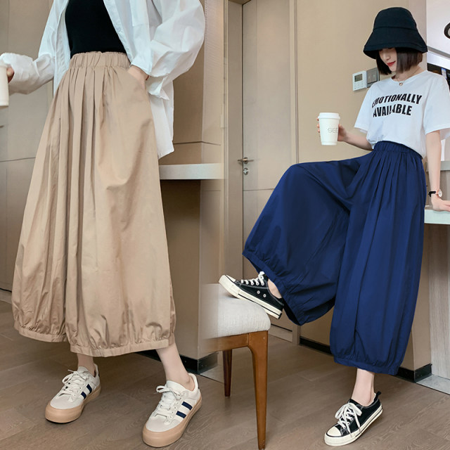 Khaki eight-point wide-leg pants women's spring, autumn and summer elastic waist hakama cropped pants bloomers casual women's hakama pants