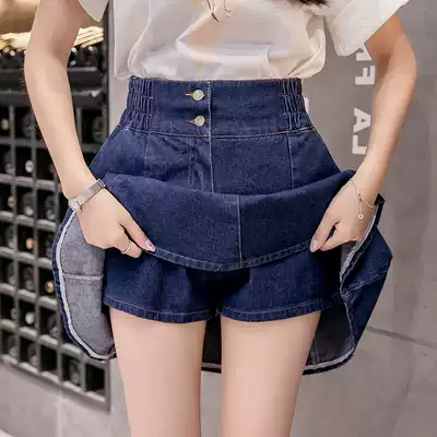 Elastic waist denim short skirt skirt high waist thin pleated skirt anti-slip A-line tutu female summer students