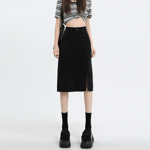 Черная летняя джинсовая юбка, подходит для подростков, средней длины, высокая талия, с акцентом на бедрах