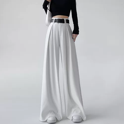 Белые штаны, осенний костюм, изысканный стиль, высокая талия, свободный прямой крой