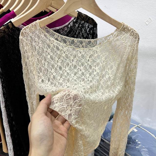 Round neck sexy see-through crochet lace shirt women's long sleeve 2024 summer new sexy slim inner mesh bottoming shirt