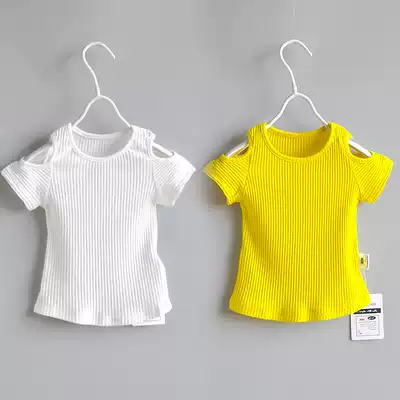 Female baby T-shirt short-sleeved off-the-shoulder girls Western style pure cotton top Children's baby summer thin 0-1 one 3 years old 2 tide