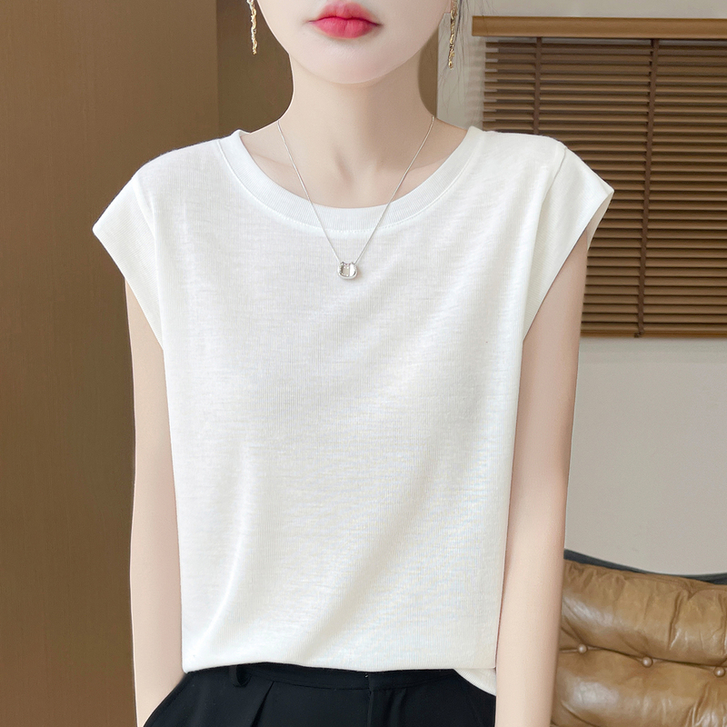Summer Round Neck Short-Sleeved T-Shirt with Flutter Sleeves, Skin-Friendly, Thin Knit, Loose, Simple, Fashionable Outerwear for Women Summer Round Neck Short-Sleeved T-Shirt with Flutter Sleeves, Skin-Friendly, Thin Knit, Loose, Simple, Fashionable Outerwear for Women