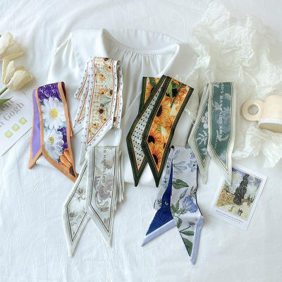 New ancient-style printed versatile ribbon for tying women's hair, retro long silk scarf, hair accessory, hair tie and bag tie