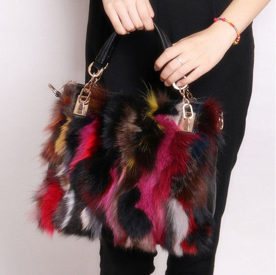 2021 autumn and winter new style stitching colorful fox fur shoulder bag fashion messenger bag hand-held fur bag fur women's bag