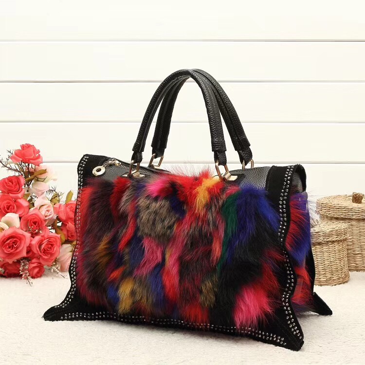 2021 autumn and winter new fashion fur fur bag imported colorful fox fur women's bag diamond-encrusted hand-held messenger bag