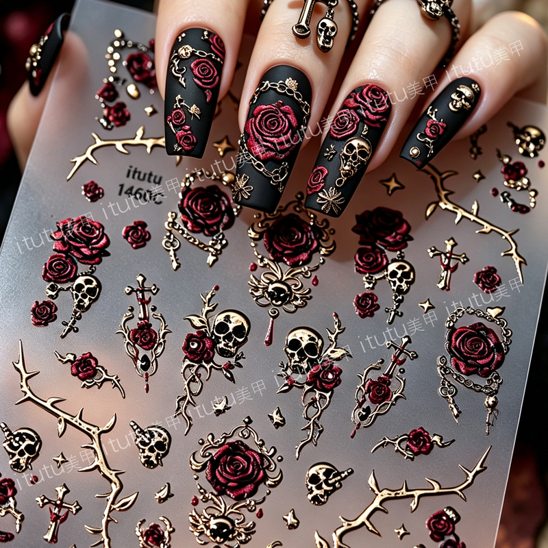 Thorn Rose Skull Rose Nail Art Stickers Black Gothic Style Embossed 3D DIY Nail Stickers