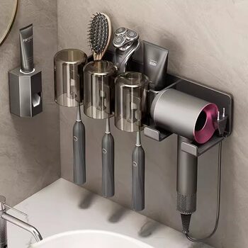 Electric Toothbrush Holder, No-Drill Bathroom Hair Dryer Stand, Wall-Mounted Toothbrushing and Rinsing Cup Holder, Dental Tool Rack