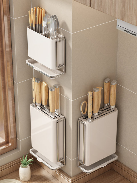 Knife Holder Storage Rack 2026 New Model Kitchen Wall-Mounted Multifunctional Knife Holder Chopstick Holder Integrated Knife Storage Rack