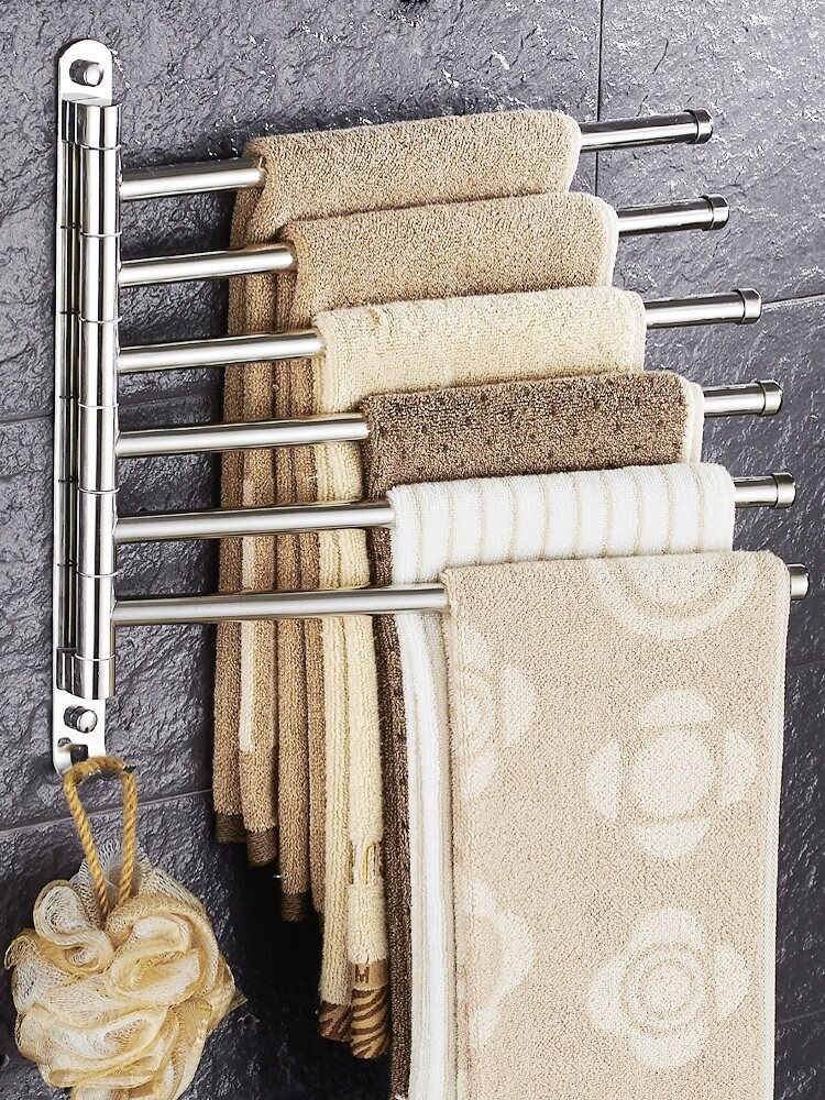 Hole-free rotating towel rack Powder room multi-pole towel bar 304 stainless steel bathroom shelf toilet wall hanging