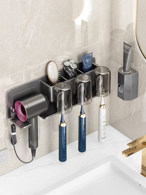Hair Dryer Holder, No-Drill Bathroom Hair Dryer Bracket, Wall-Mounted Washbasin Bathroom Toothbrush Holder