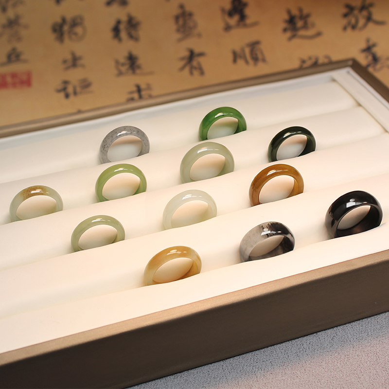 天然新疆和田翡翠リング 指輪 砂糖色の青と白の種子素材 羊脂 白 幅広 細身 男女兼用 黒翡翠リング