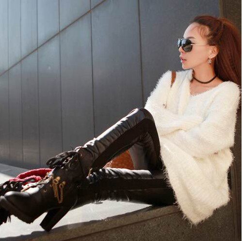 HChen Korea Import Spot Trendy Foreign Concave Styling Personality Light Cooked Spliced Knitted Leather Pants Small Foot Long Pants