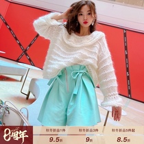 MissLuxury fashionable effortless macarons green leather shorts womens sheep leather high waist wide leg pants