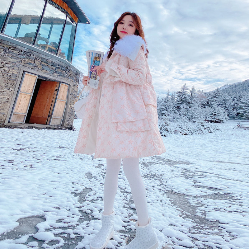 Miss Luxury Korean doll shirt dazzling powder lace down jacket mid-length jacket women lamb fur collar