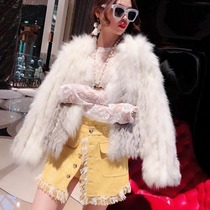 MissLuxury temperament rare natural color open cross fox fur grass coat female v-neck top~tide
