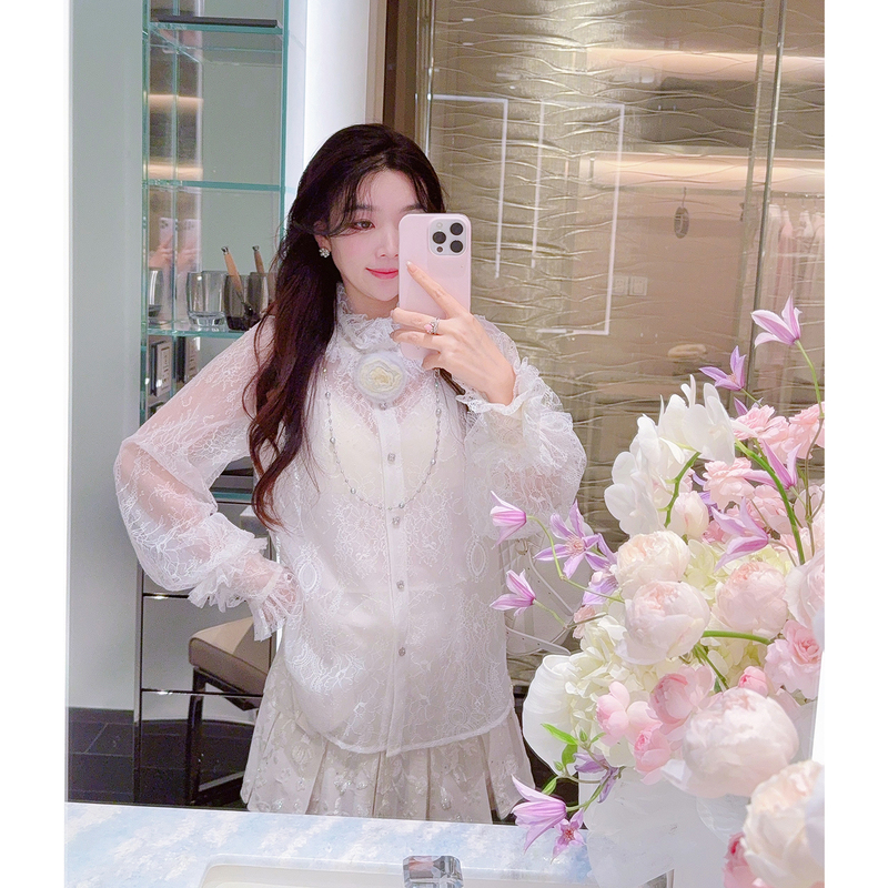 Missluxury【Light Dream Ballet】French Court Style Mesh High-End Lace Top with Ruffled Collar for Women Missluxury【Light Dream Ballet】French Court Style Mesh High-End Lace Top with Ruffled Collar for Women