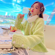 MissLuxury into the store bi defeat Green special yarn new sweater design sense loose jacket cardigan