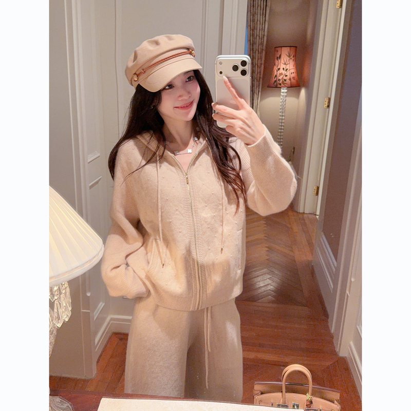 Luxury Lady [Autumn Warm Velvet] 100% Cashmere Old Money Style Knitted Hooded Cardigan + Wide-Leg Casual Suit