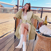 MissLuxury Australian wool double-sided wool coat Womens large lapel thin hooded jacket Medium-long trench coat