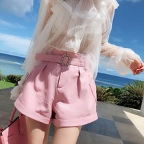 MissLuxury autumn new leather leather pants womens pink loose wide leg pants show thin sheepskin leather shorts tide