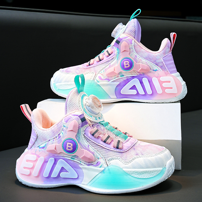 Professional Children's Pink Basketball Shoes for Girls, Leather Surface, Suitable for Middle and Primary School Students, Girls' Sports Shoes with Rotating Buckle, Boys' Sneakers