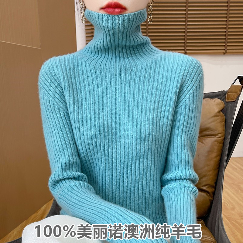 High-End Ready-To-Wear 100% Pure Wool Sweater for Women, Turtleneck Sweater, Lazy Style, Stacked Collar, Ribbed Thick Knit Base Sweater