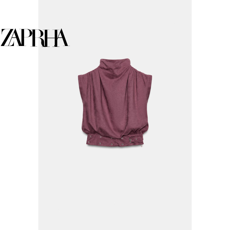 2026 Spring New Fashionable Design Sleeveless High Collar Suede Effect Buckle Top 2185545