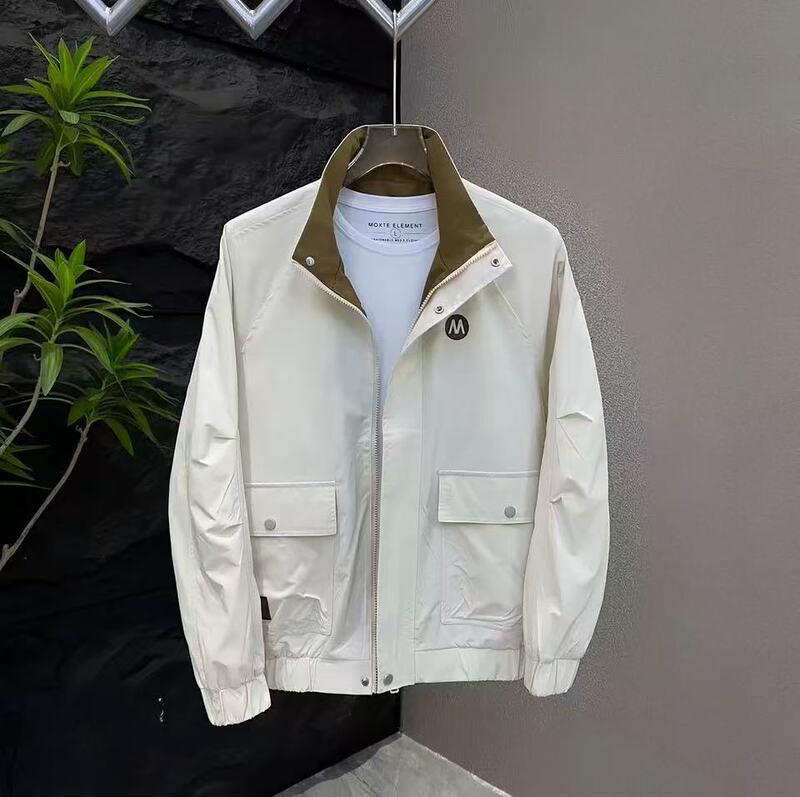 Spring and Autumn New Style Stand-Up Collar White Jacket for Men, Korean Style Trendy and Handsome Thin Coat, Casual Simple Top for Men