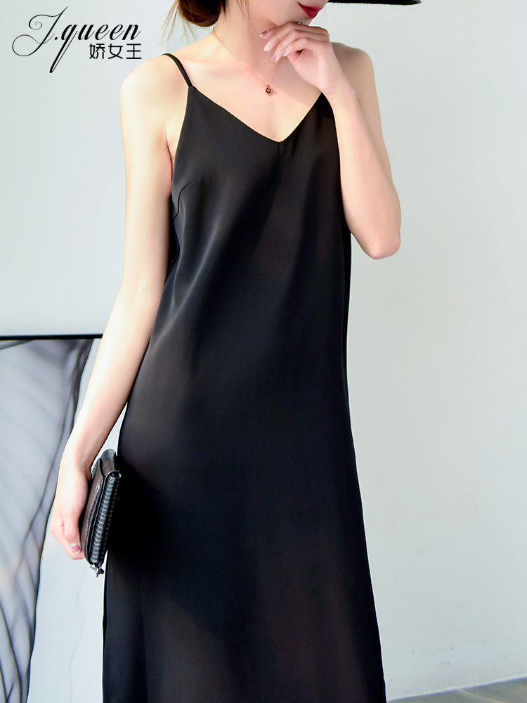 Black sundress women's summer new French retro mid-length dress light cooked wind base vest Chiffon dress