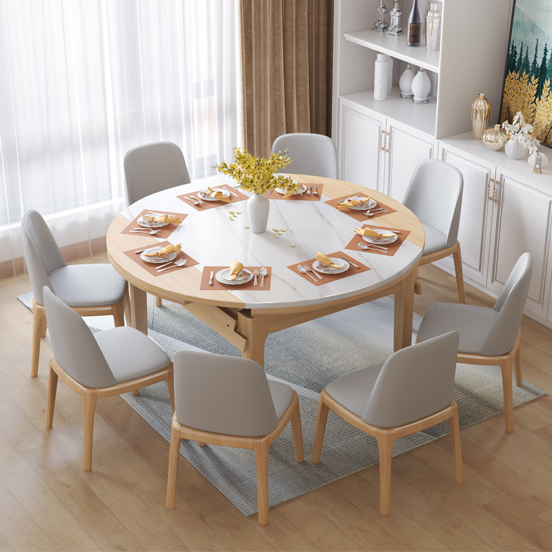 Nordic solid wood dining table modern minimalist small apartment telescopic dining table home Japanese log marble round table for 8 people