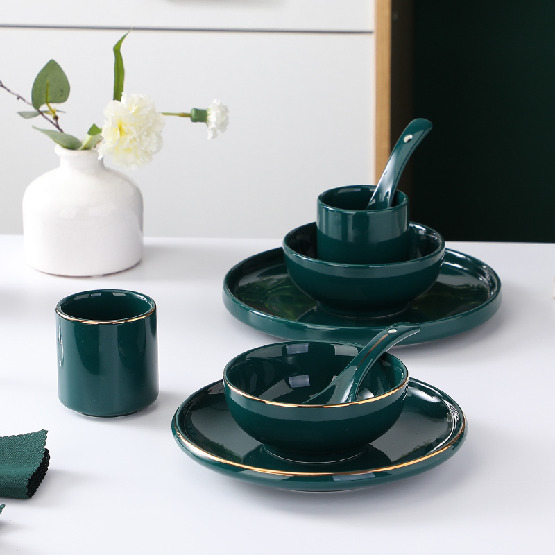 Ceramic Dark Green Emerald Hotel Tableware Set Restaurant Bowl and Plate Set Special Four-Piece Set for Hotel Private Rooms